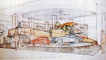 Desenho de Frank Lloyd Wright para o Showroom Hoffman Auto (cortesia de Frank Lloyd Wright Foundation) via Hyperallergic.com